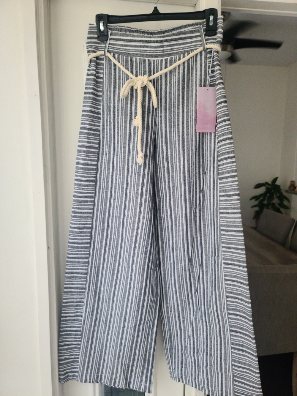 Striped Wide-Leg Drawstring Pants - Gray/White